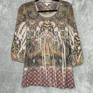 Energe XL Top Shirt Brown Paisley Scoop Neck 3/4 Sleeve Knit Embellished Stretch